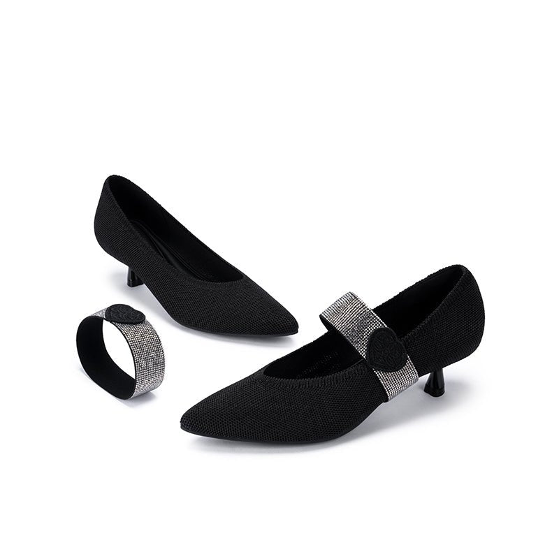 Belle Detachable Strap Mary Jane Heels – Pointed Toe Knit Kitten Heels-4