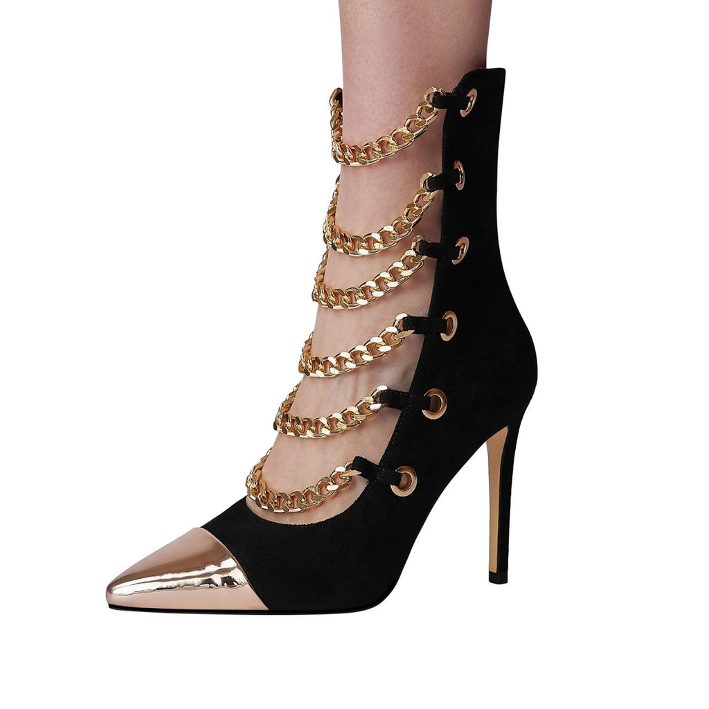 Black Glam Pointed Toe Gold Chain Stiletto Heels-3