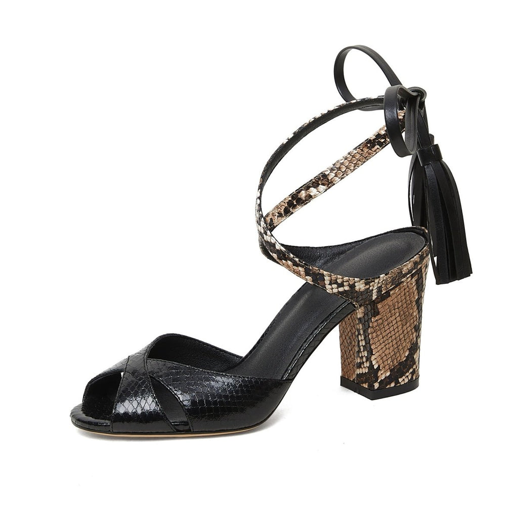 Black Python Ankle Strap Block Heel Sandals-1