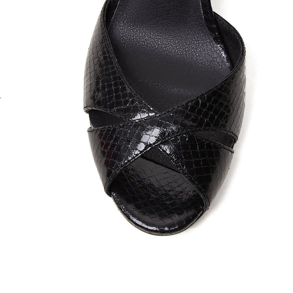 Black Python Ankle Strap Block Heel Sandals-4