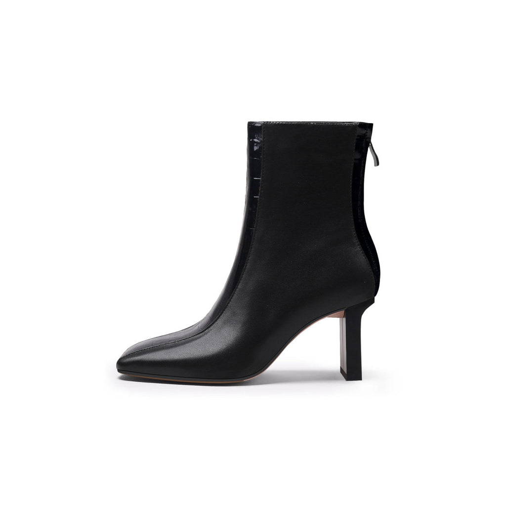 Block Heel Patchwork Leather Ankle Boots-0