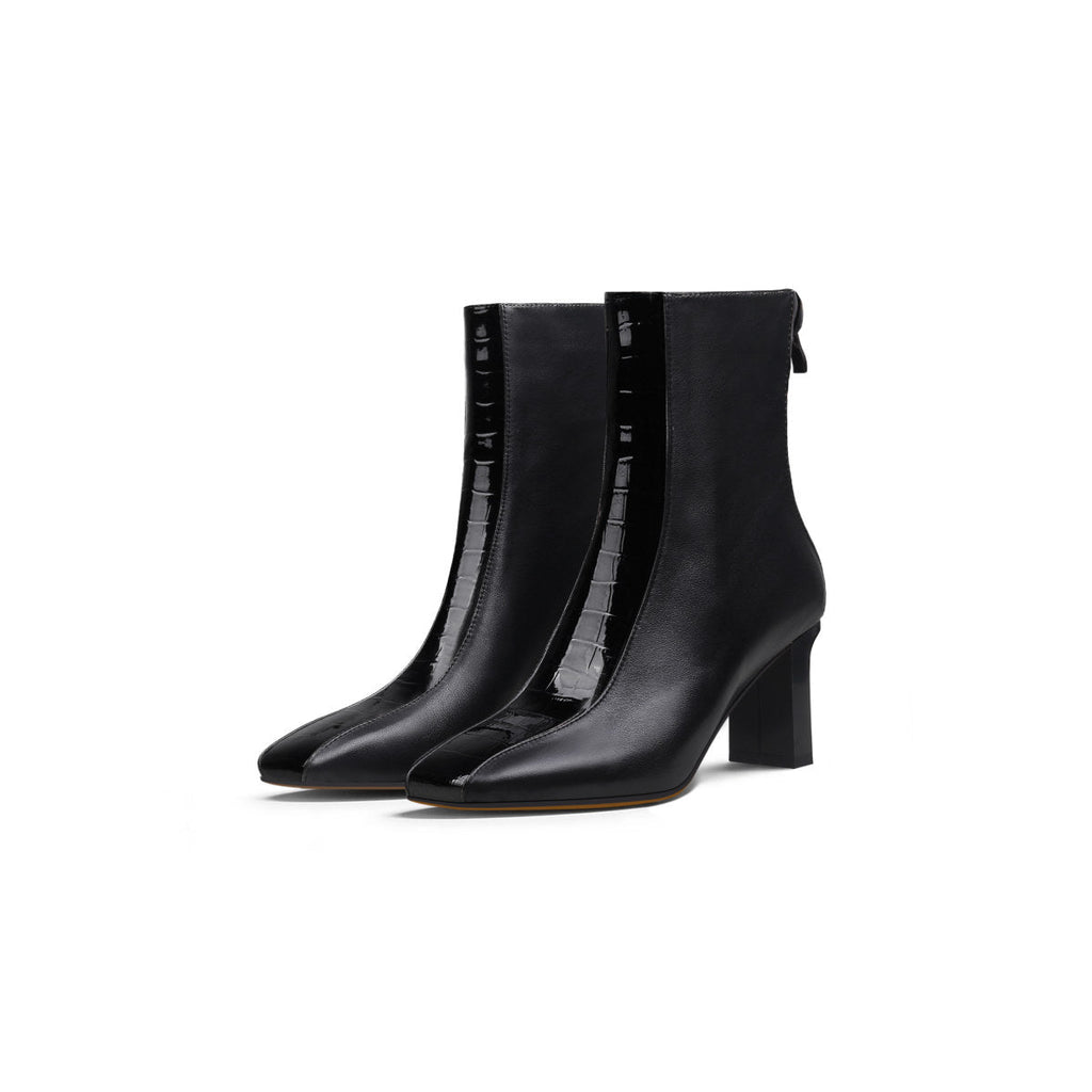 Block Heel Patchwork Leather Ankle Boots-1