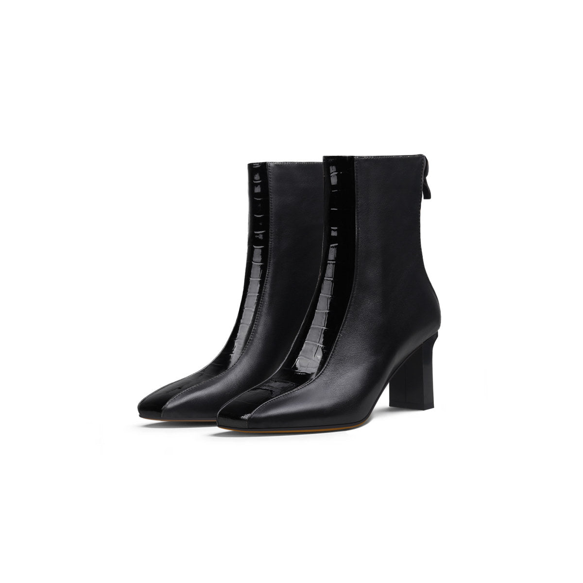 Block Heel Patchwork Leather Ankle Boots-1