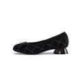 Classic Bow Tweed Quilted Pumps – Pearl Detail Block Heel Shoes-0