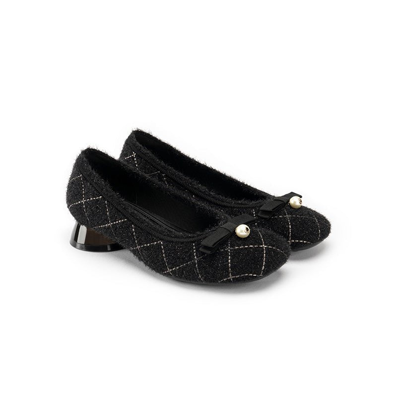 Classic Bow Tweed Quilted Pumps – Pearl Detail Block Heel Shoes-1