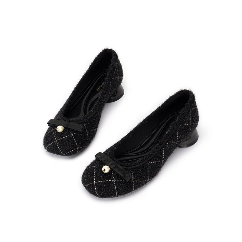 Classic Bow Tweed Quilted Pumps – Pearl Detail Block Heel Shoes-2