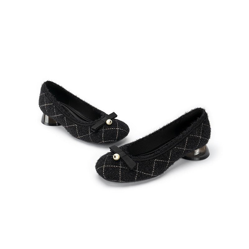 Classic Bow Tweed Quilted Pumps – Pearl Detail Block Heel Shoes-3