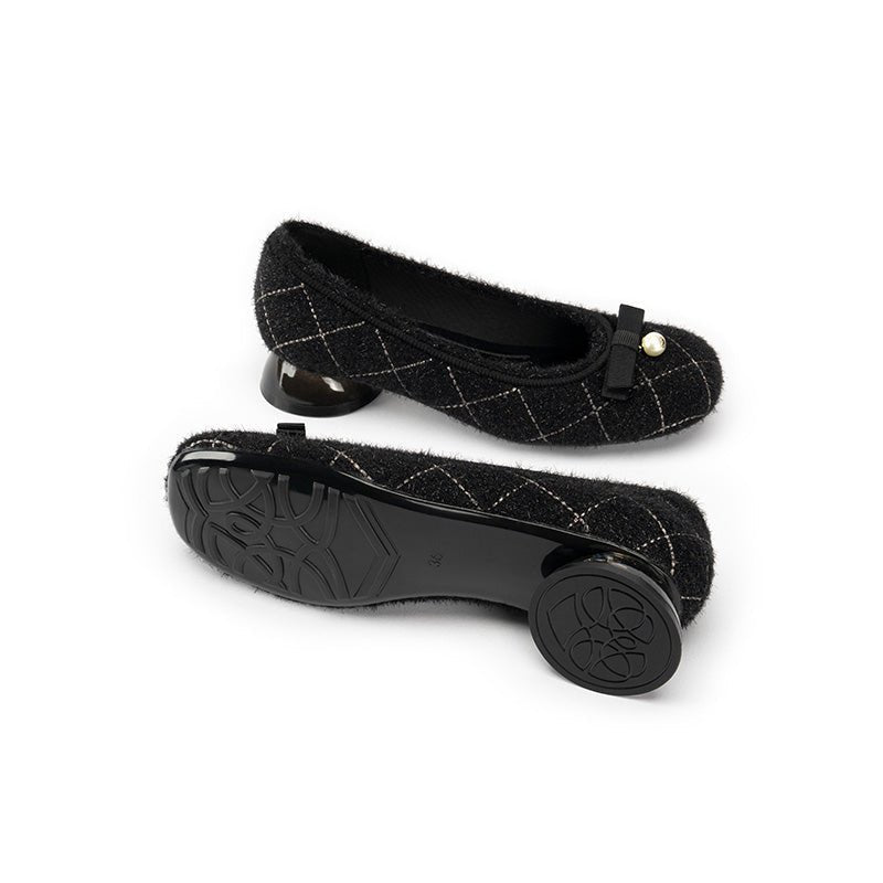 Classic Bow Tweed Quilted Pumps – Pearl Detail Block Heel Shoes-4
