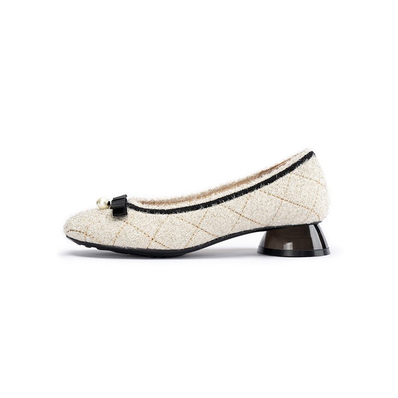 Classic Bow Tweed Quilted Pumps – Pearl Detail Block Heel Shoes-5