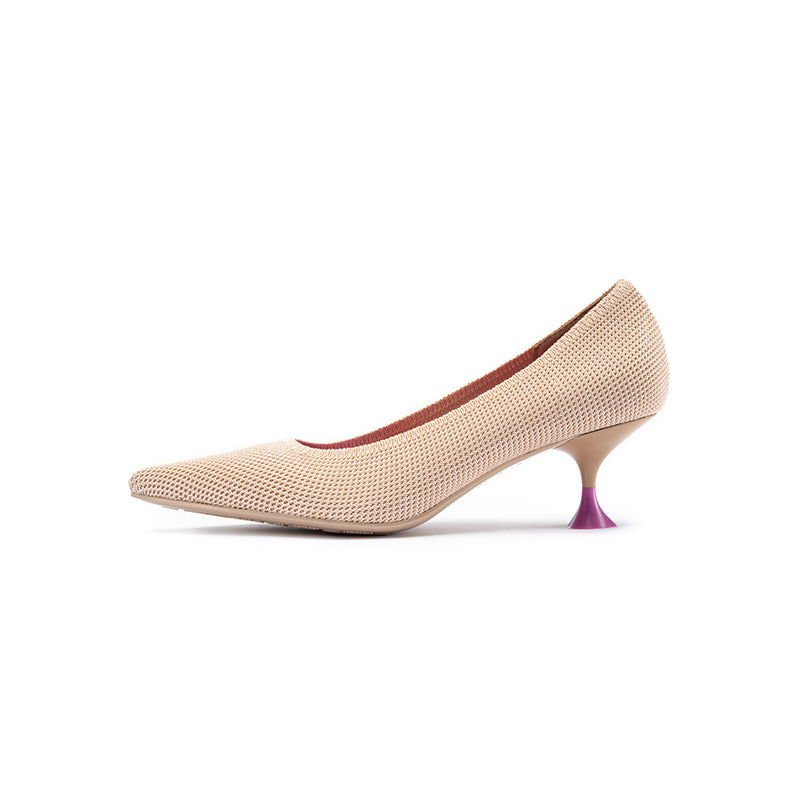 Classy Madam Pointed Toe Kitten Heels – Sculptural Wine Glass Knit Pumps-0