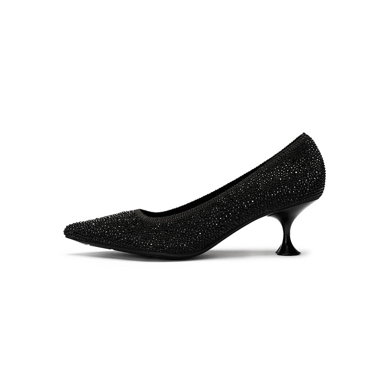 Cocktail Rhinestone Kitten Heels – Pointed Toe Crystal Knit Pumps-0