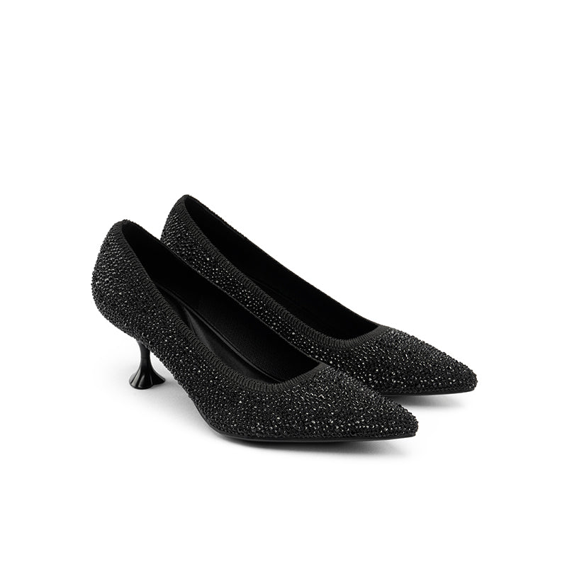 Cocktail Rhinestone Kitten Heels – Pointed Toe Crystal Knit Pumps-1