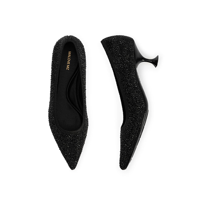 Cocktail Rhinestone Kitten Heels – Pointed Toe Crystal Knit Pumps-2