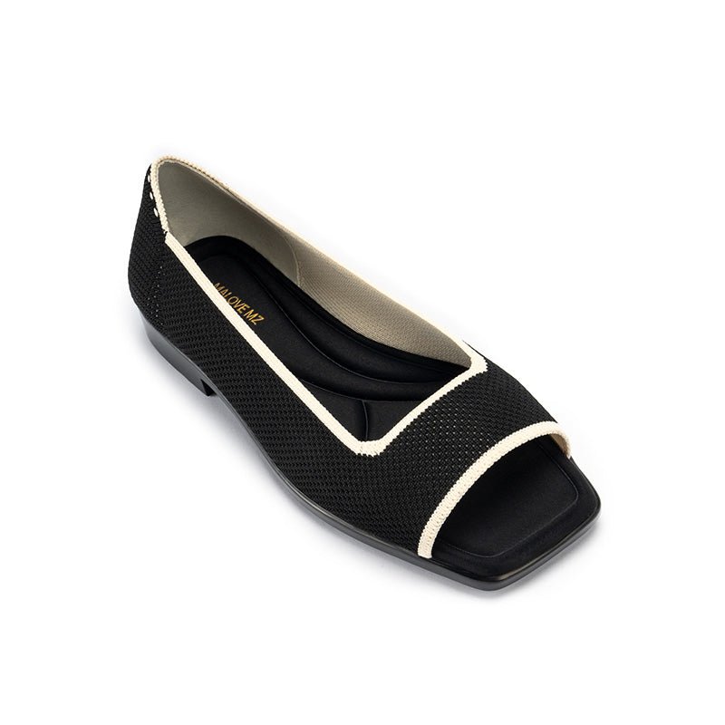 Colorblock Peep Toe Knit Flats – Square Toe Low Heel Sandals-1