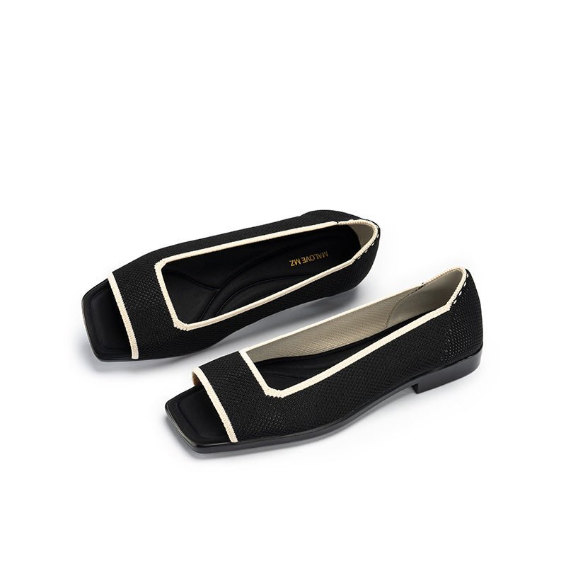 Colorblock Peep Toe Knit Flats – Square Toe Low Heel Sandals-2
