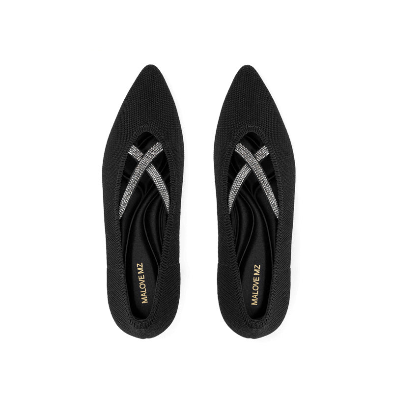 Countess Cross-Strap Kitten Heels – Crystal Pointed Toe Knit Pumps-1