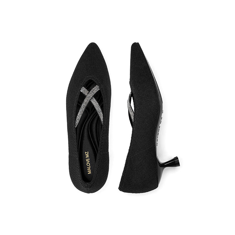 Countess Cross-Strap Kitten Heels – Crystal Pointed Toe Knit Pumps-2