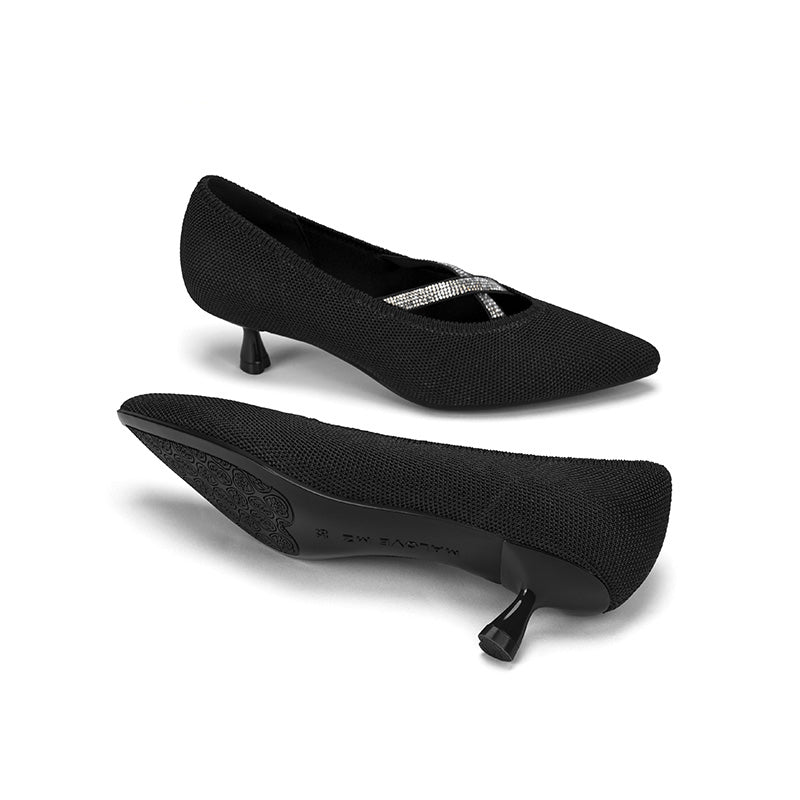Countess Cross-Strap Kitten Heels – Crystal Pointed Toe Knit Pumps-4