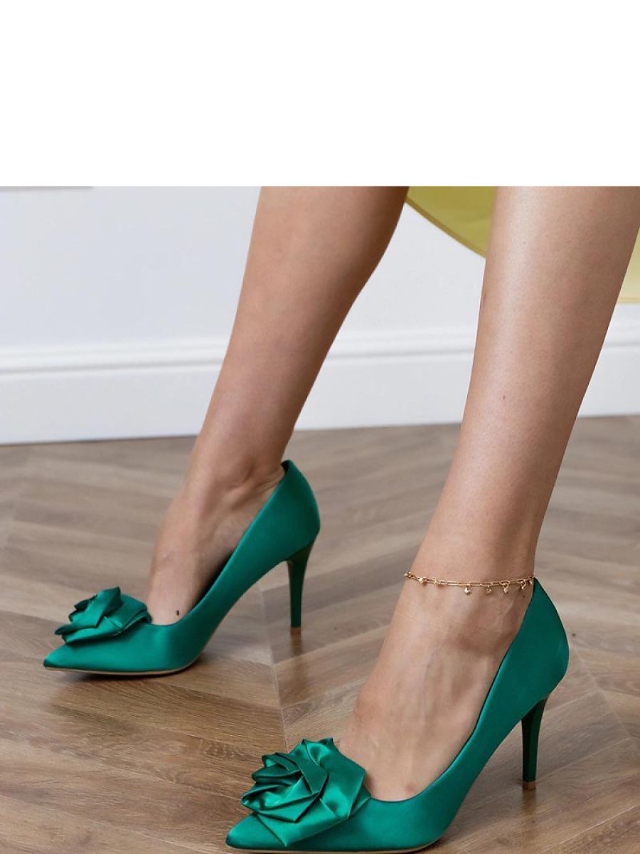 Green Satin Floral-Detail Stiletto Pumps