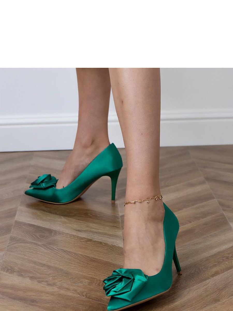 Green Satin Floral-Detail Stiletto Pumps