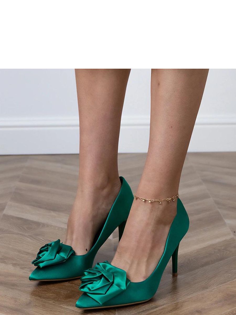Green Satin Floral-Detail Stiletto Pumps