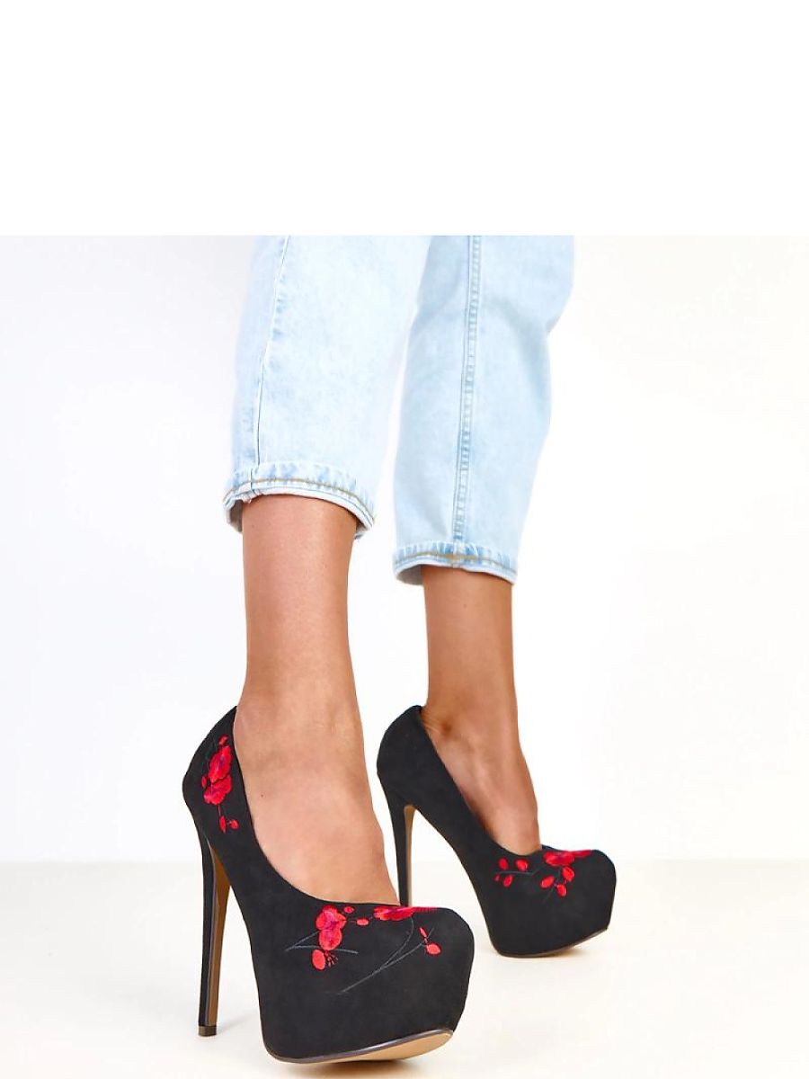 Black Floral Suede Platform Stiletto Pumps