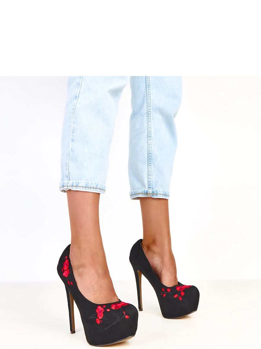 Black Floral Suede Platform Stiletto Pumps
