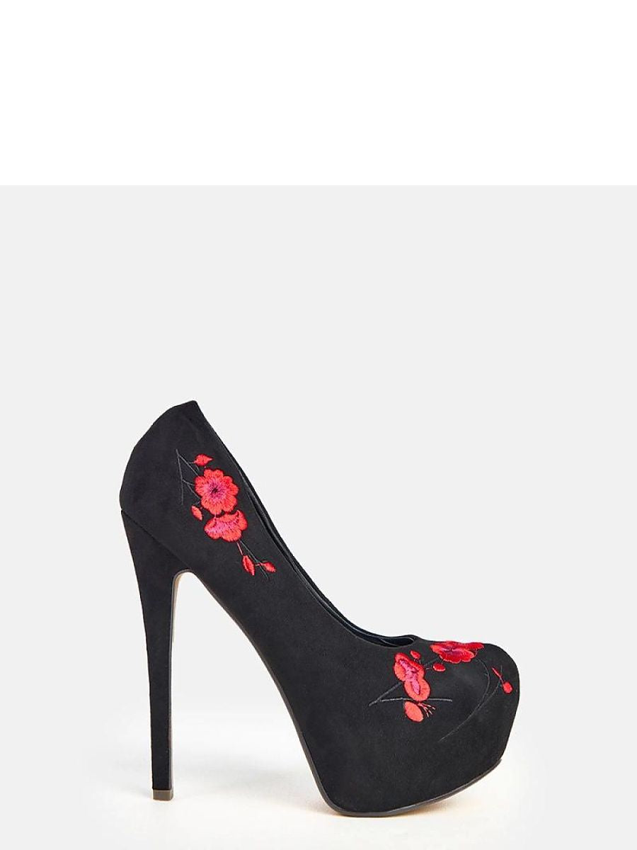 Black Floral Suede Platform Stiletto Pumps