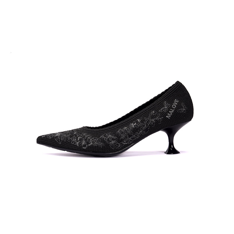 Enchanted Butterfly Pointed Toe Kitten Heels – 3D Embroidered Wine Glass Knit Pumps-0