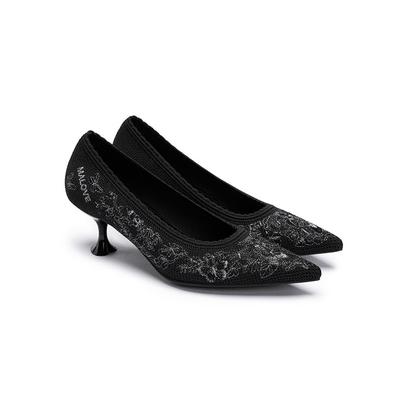 Enchanted Butterfly Pointed Toe Kitten Heels – 3D Embroidered Wine Glass Knit Pumps-1