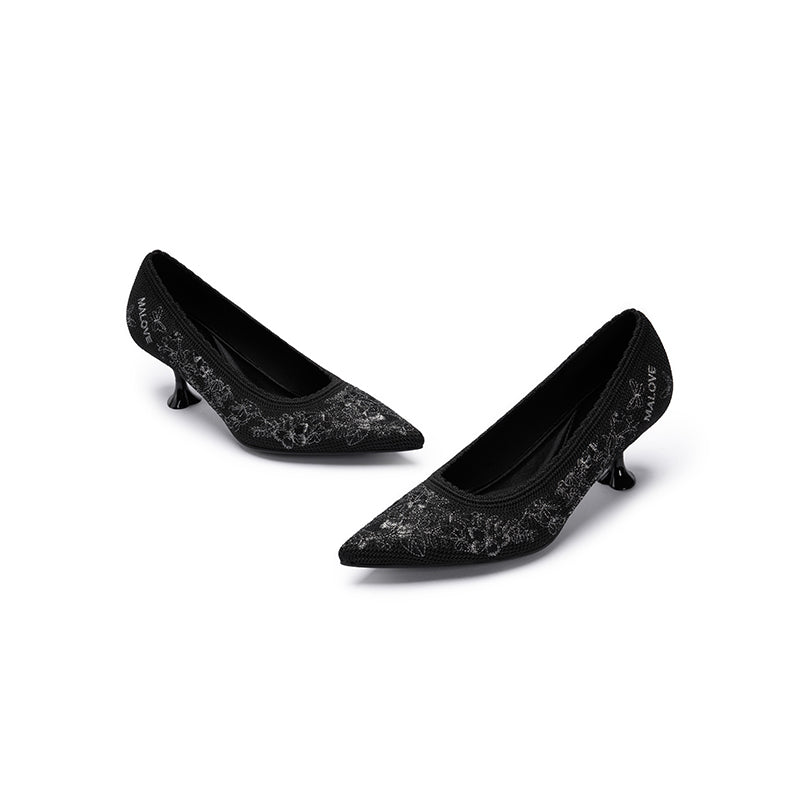Enchanted Butterfly Pointed Toe Kitten Heels – 3D Embroidered Wine Glass Knit Pumps-3