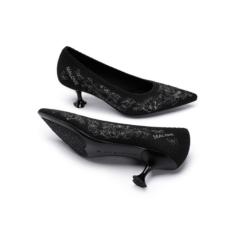 Enchanted Butterfly Pointed Toe Kitten Heels – 3D Embroidered Wine Glass Knit Pumps-4