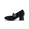 French Vintage Mary Jane Block Heels – Quilted Tweed Crystal Buckle Pumps-0