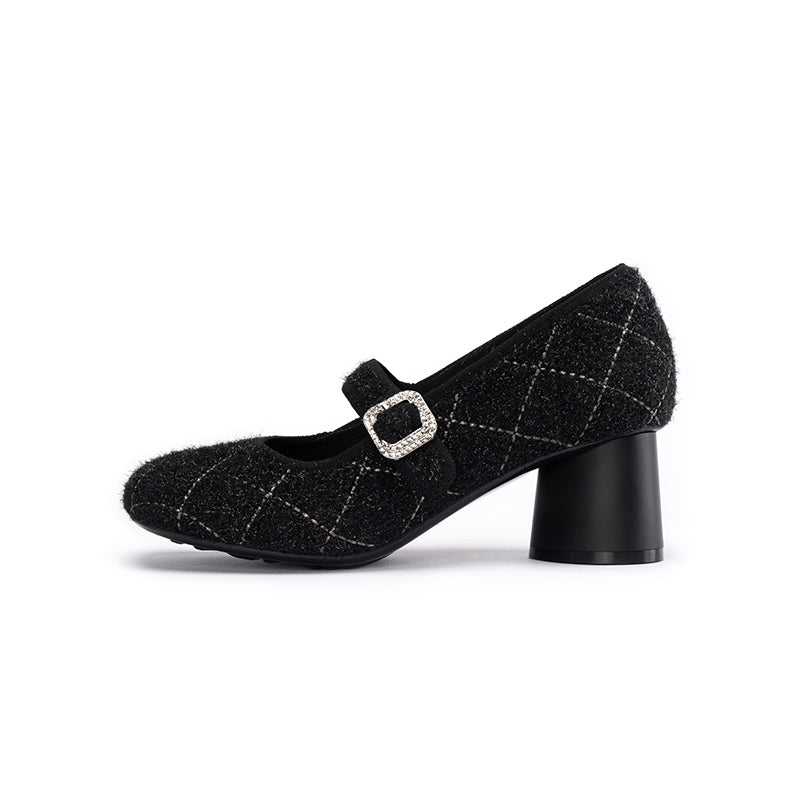 French Vintage Mary Jane Block Heels – Quilted Tweed Crystal Buckle Pumps-0