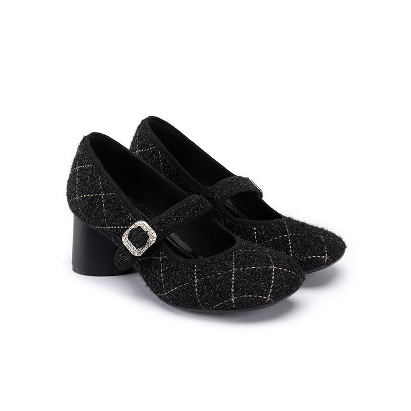 French Vintage Mary Jane Block Heels – Quilted Tweed Crystal Buckle Pumps-1