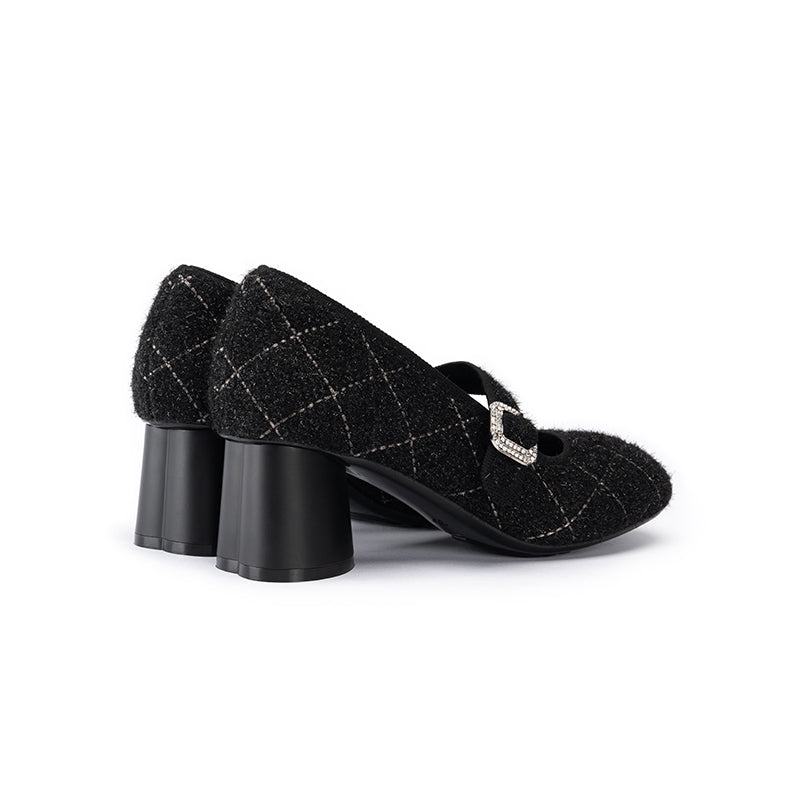 French Vintage Mary Jane Block Heels – Quilted Tweed Crystal Buckle Pumps-2