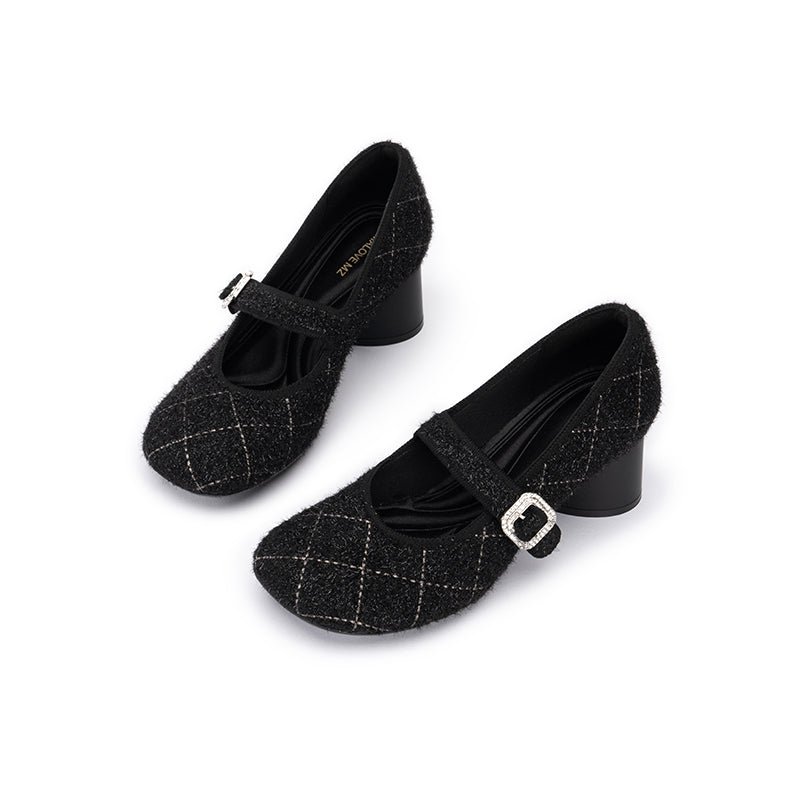 French Vintage Mary Jane Block Heels – Quilted Tweed Crystal Buckle Pumps-3