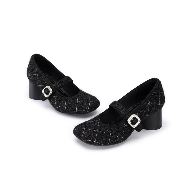 French Vintage Mary Jane Block Heels – Quilted Tweed Crystal Buckle Pumps-4