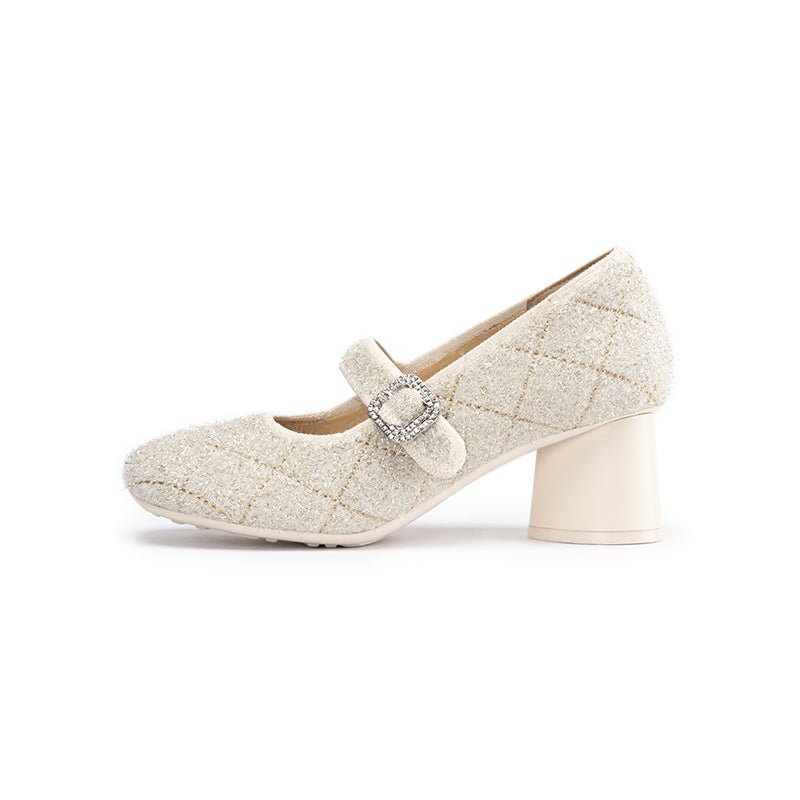 French Vintage Mary Jane Block Heels – Quilted Tweed Crystal Buckle Pumps-5