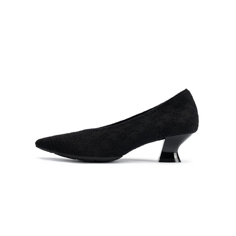 Houndstooth Block Heel Pumps – 3D Knit Pointed Toe Heels-0