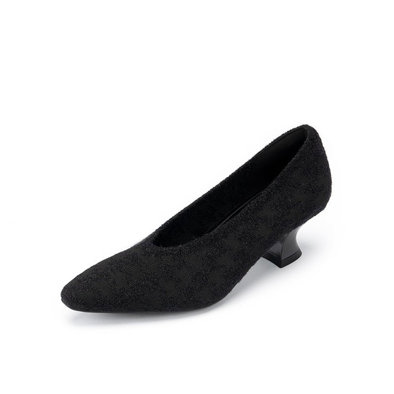 Houndstooth Block Heel Pumps – 3D Knit Pointed Toe Heels-1