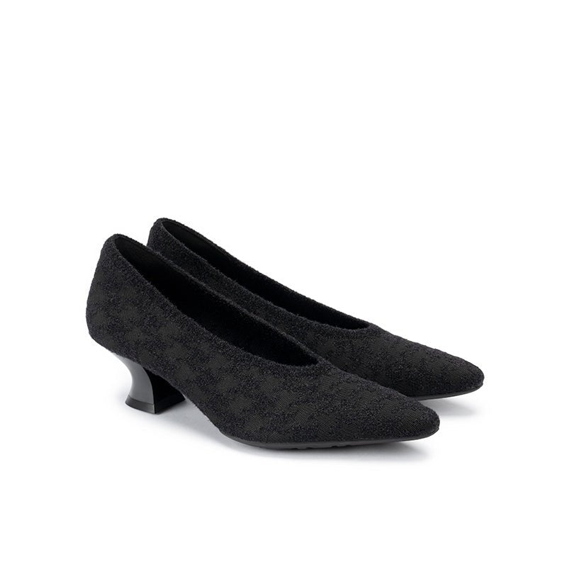 Houndstooth Block Heel Pumps – 3D Knit Pointed Toe Heels-2