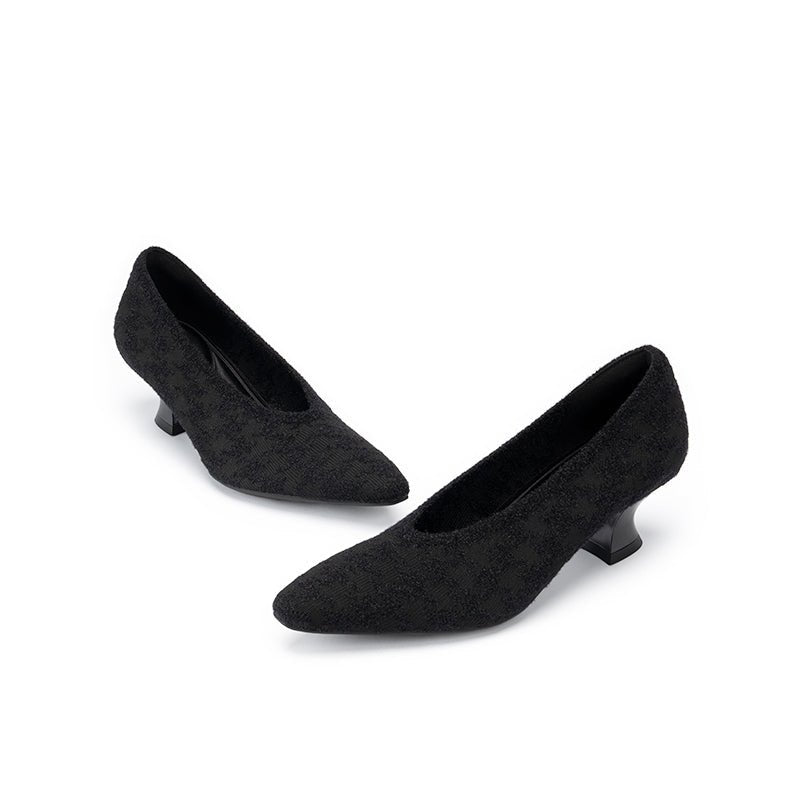 Houndstooth Block Heel Pumps – 3D Knit Pointed Toe Heels-3