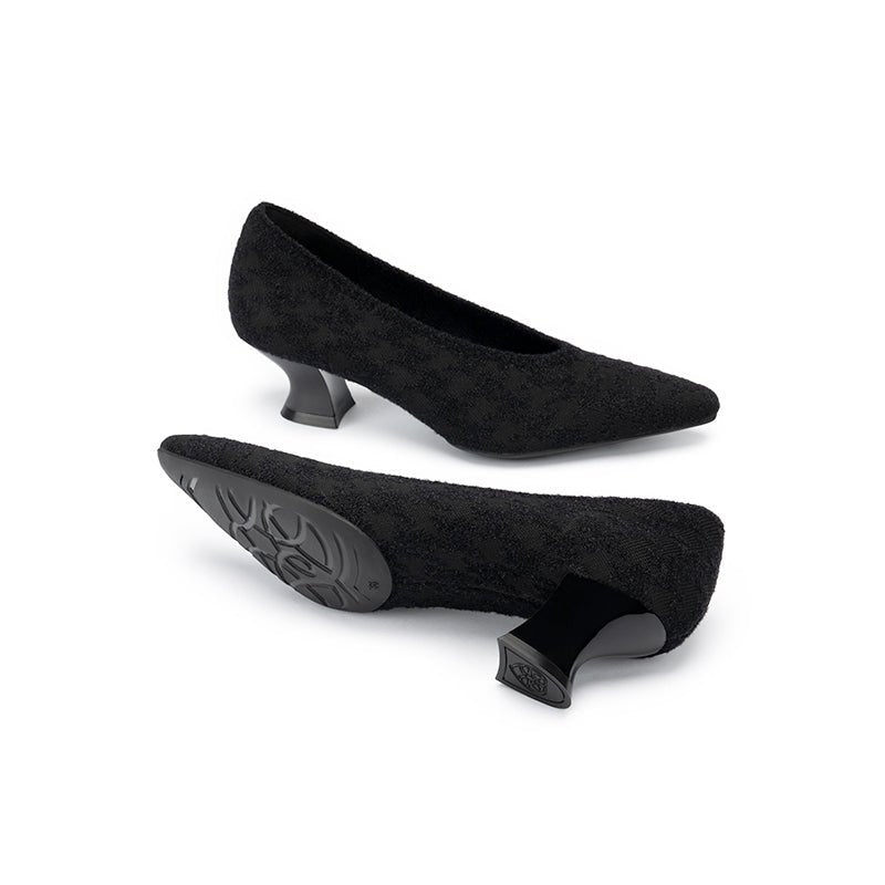 Houndstooth Block Heel Pumps – 3D Knit Pointed Toe Heels-4