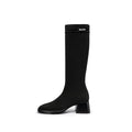 Mademoiselle Round Toe Knee High Sock Boots – Block Heel Stretch Knit-0