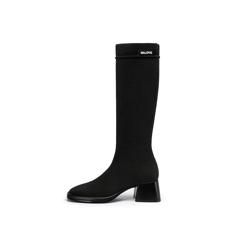 Mademoiselle Round Toe Knee High Sock Boots – Block Heel Stretch Knit-0