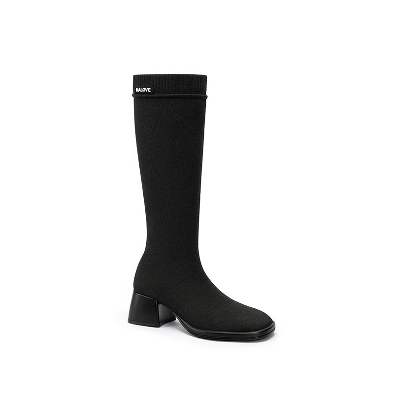 Mademoiselle Round Toe Knee High Sock Boots – Block Heel Stretch Knit-1