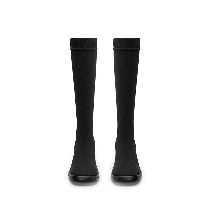 Mademoiselle Round Toe Knee High Sock Boots – Block Heel Stretch Knit-2