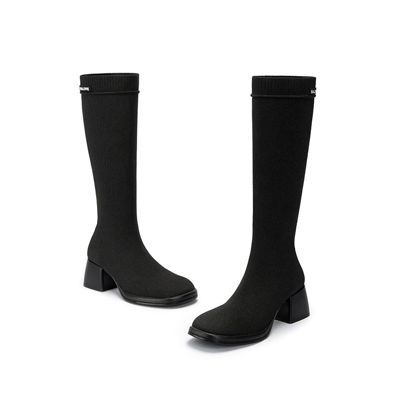 Mademoiselle Round Toe Knee High Sock Boots – Block Heel Stretch Knit-3