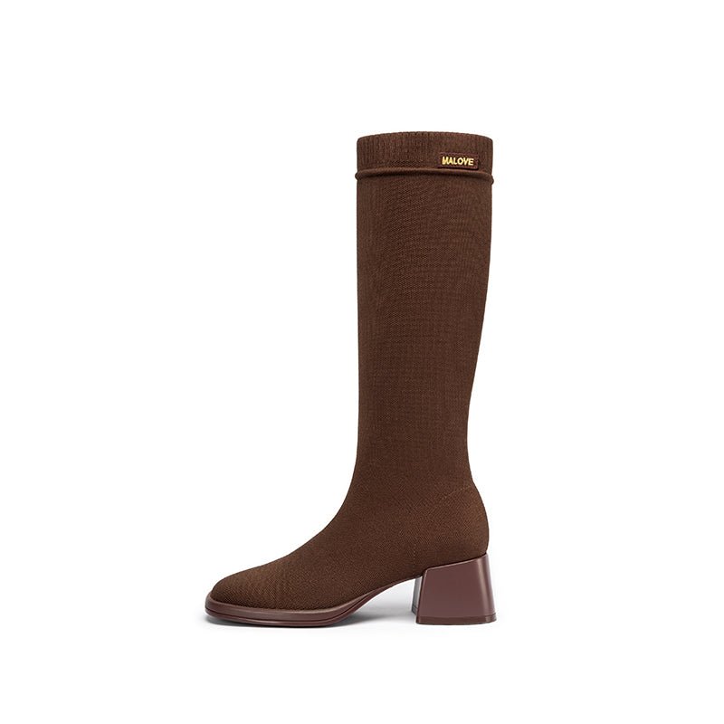 Mademoiselle Round Toe Knee High Sock Boots – Block Heel Stretch Knit-5